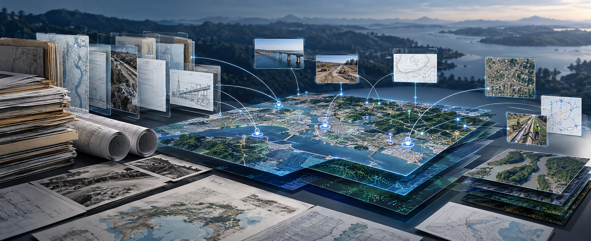 Historic reports, engineering drawings, survey information, and project records connected through a geospatial knowledge system