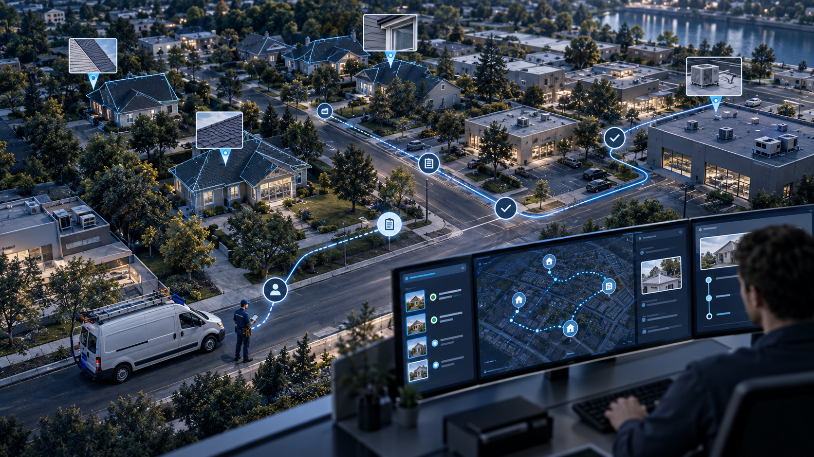 Location-based operations system connecting mapped properties, field teams, photos, work orders, and office review